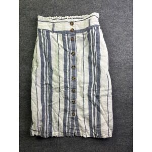 California Linen Skirt Women M Blue White Striped Button Front Paperbag Midi